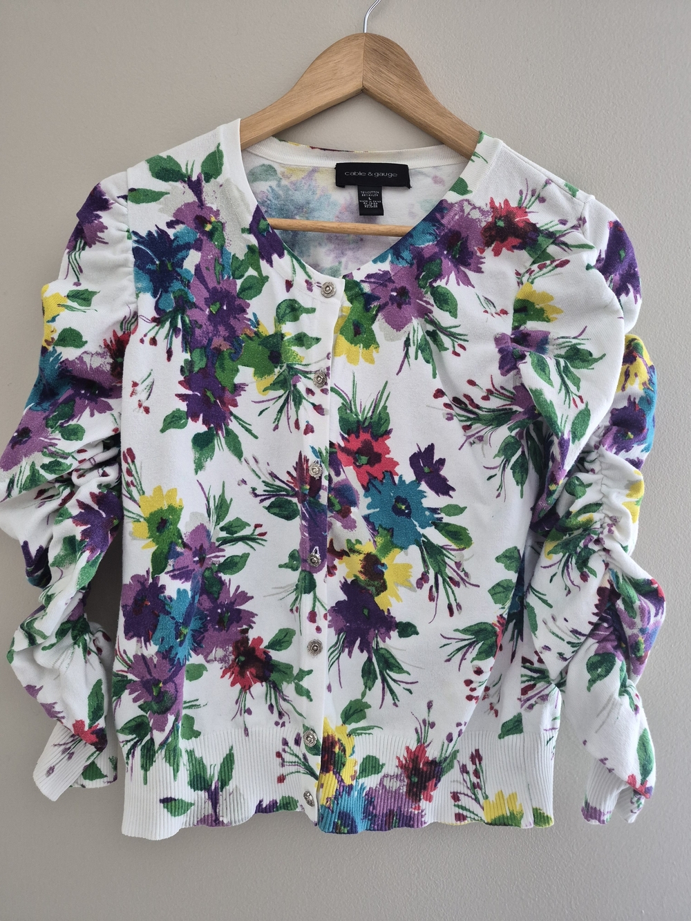 Cable & Gauge Floral Cardigan Sweater Womens L Fits M Ruched Sleeve